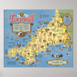 Poster Mapa de Cornualha, Inglaterra