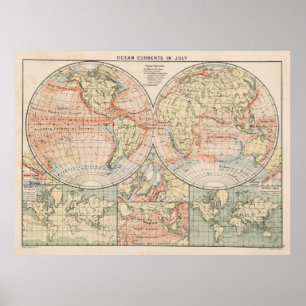 Poster Mapa de correntes do oceano do mundo do vintage