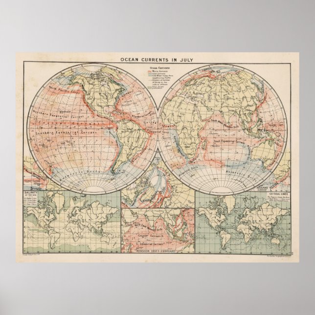 Poster Mapa de Correntes do Oceano Mundial da Vintage (19 (Frente)