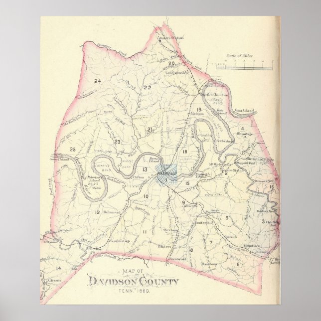 Poster Mapa de Davidson County Tennessee em 1880 (Frente)