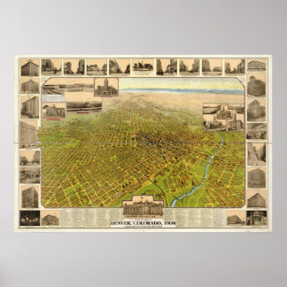 Póster Mapa de Denver, Vista de Pássaros, 1908