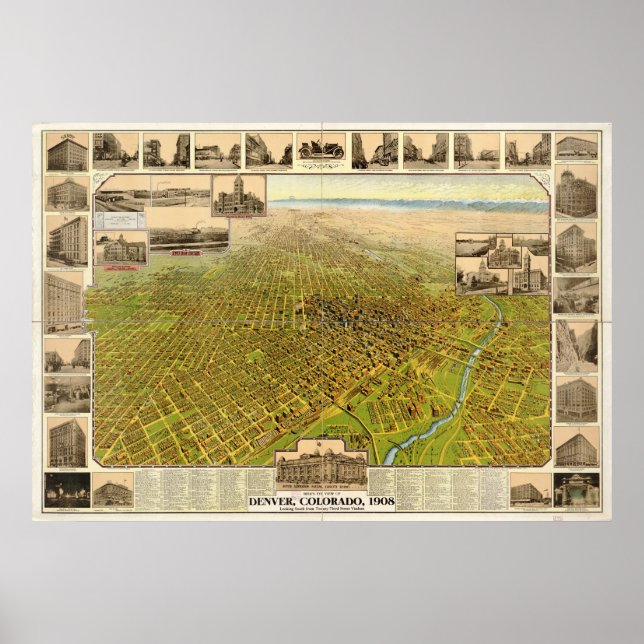 Póster Mapa de Denver, Vista de Pássaros, 1908 (Frente)