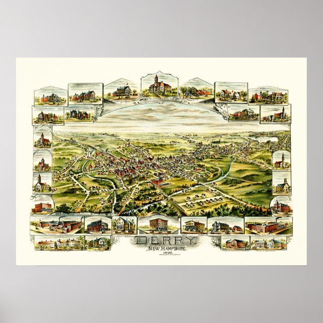 Póster Mapa de Derry, New Hampshire, de 1898 (Frente)