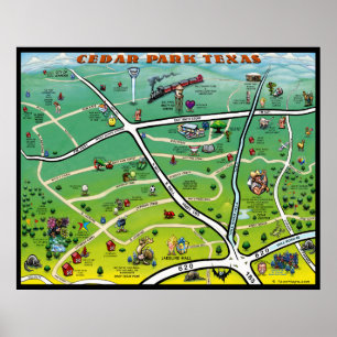 Poster Mapa de desenho animado de Cedar Park Texas