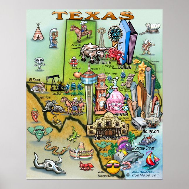 Póster Mapa de Divertimento do Texas (Frente)