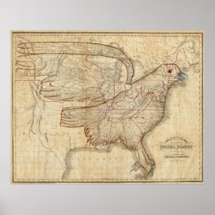 Poster Mapa de Eagle dos Estados Unidos do vintage (1833)