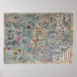 Póster Mapa de Escandinávia do porto de Carta do vintage