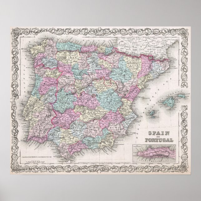Póster Mapa de Espanhas da Vintage (1855) (Frente)