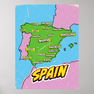 Poster Mapa de Espanhas Ilustrado de pop Art
