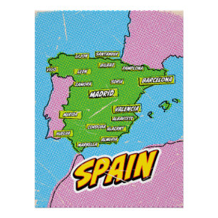 Póster Mapa de Espanhas Ilustrado de pop Art