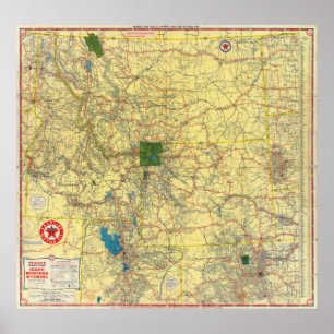 Póster Mapa de estradas Idaho, Mont, mapa de Wyo