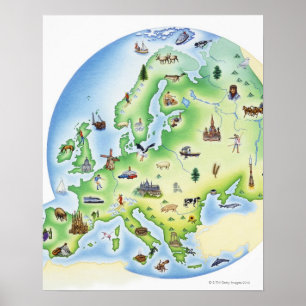 Póster Mapa de Europa com ilustrações de famoso