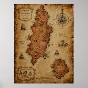 Poster Mapa de Fantasia Antigo — Ilha Velmoris