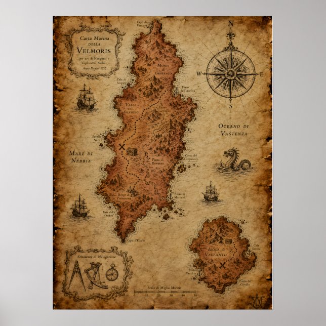 Poster Mapa de Fantasia Antigo — Ilha Velmoris (Frente)