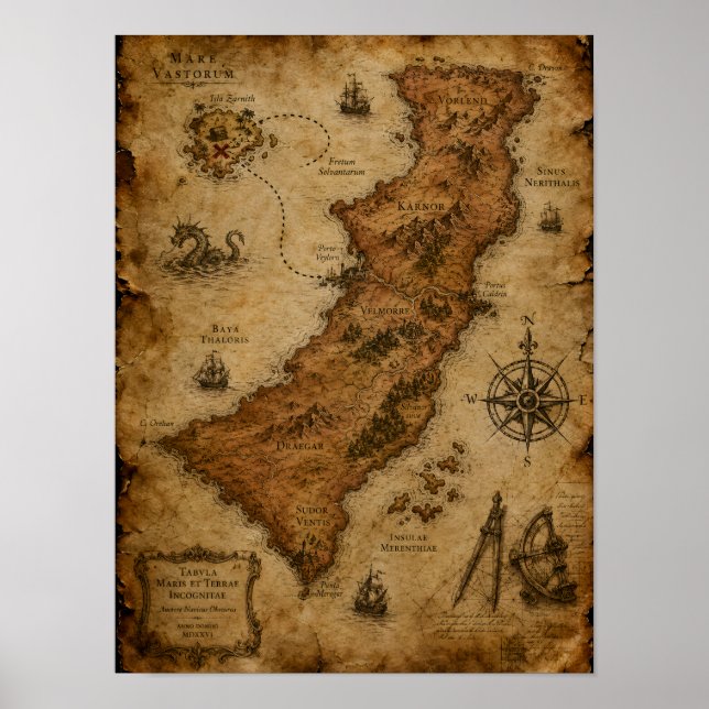 Poster Mapa de Fantasia Antigo — Karnor e Draegar (Frente)