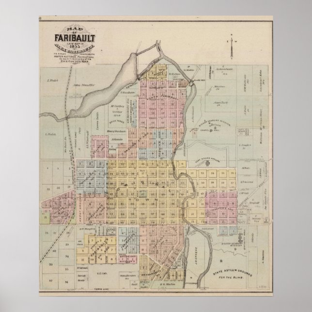 Póster Mapa de Faribault, Condado de Rice, Minnesota (Frente)