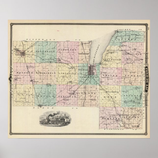 Poster Mapa de Fond du Lac County, Estado de Wisconsin (Frente)