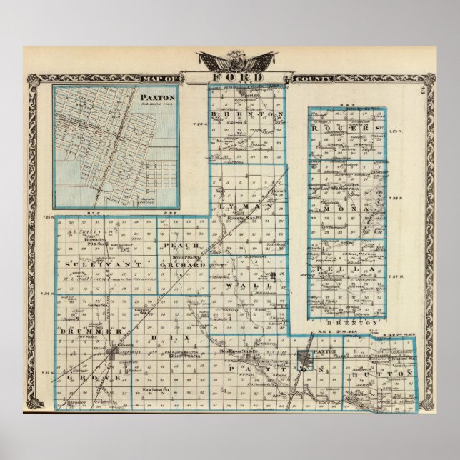 Póster Mapa de Ford County e Paxton (Frente)