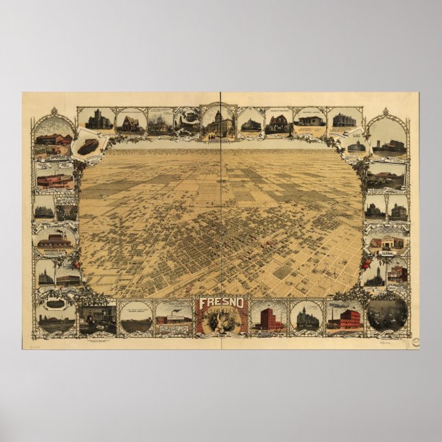 Poster Mapa de Fresno, Birds-Eye View, 1901 (Frente)