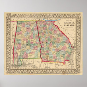Póster Mapa de Geórgia, Alabama por Mitchell