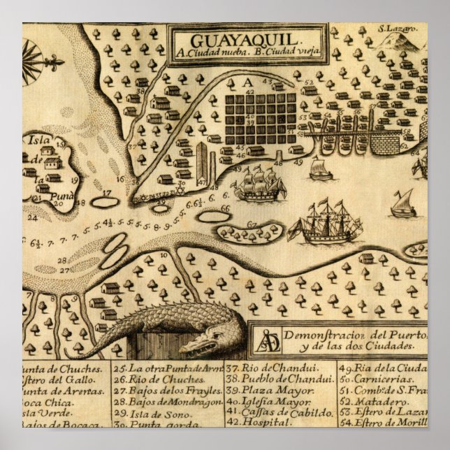Poster Mapa de Guayaquil, Equador (1741) (Frente)