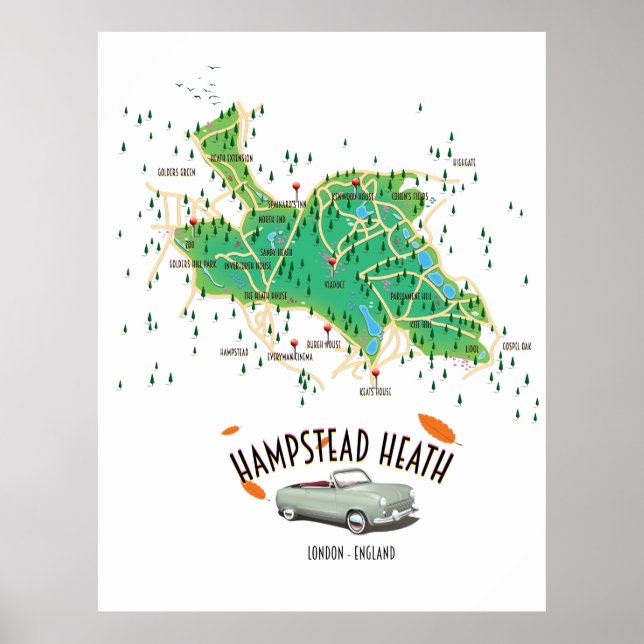 Poster Mapa de Hampstead Heath Londres Inglaterra (Frente)
