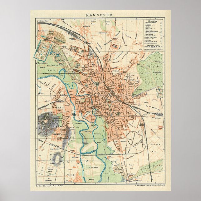 Póster Mapa de Hanover Alemanha (1895) (Frente)