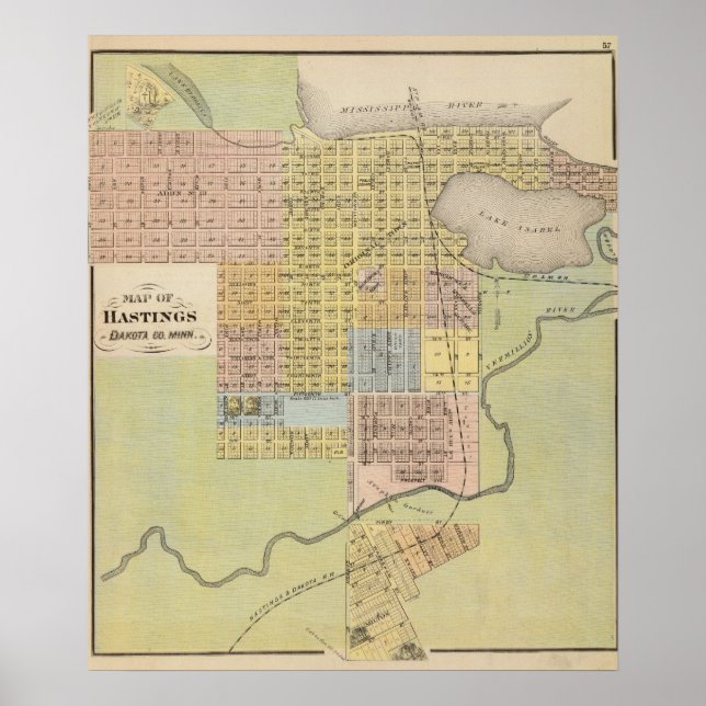 Póster Mapa de Hastings, Dakota County, Minnesota (Frente)