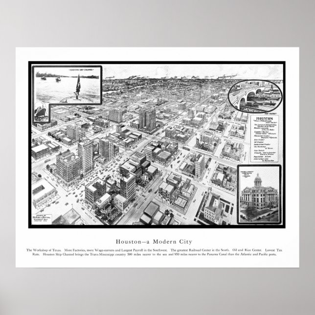 Póster Mapa de Houston, TX de 1912 (Frente)