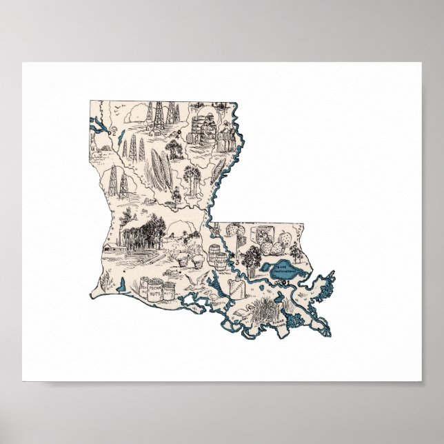 Poster Mapa de Imagens da Vintage da Louisiana (Frente)