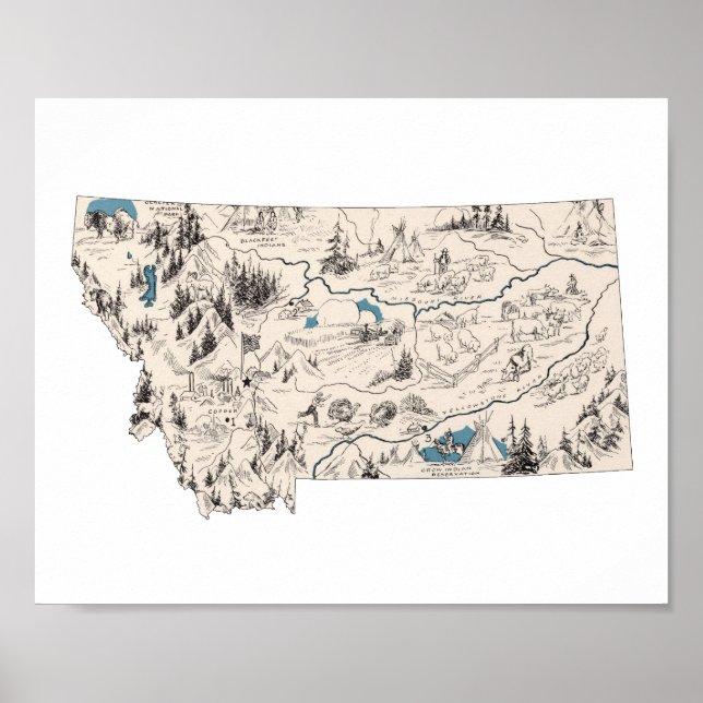 Póster Mapa de Imagens de Montana Vintage - Quadro de Est (Frente)