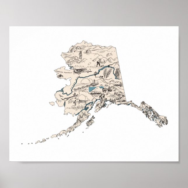 Poster Mapa de Imagens do Alaska Vintage - Gráfico de Est (Frente)
