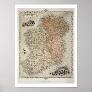 Póster Mapa de Ireland, c.1850 publicado (en mão-colorid
