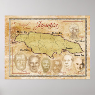 Poster Mapa de Jamaica com heróis nacionais