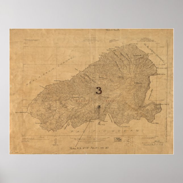 Póster Mapa de Kahoolawe, Havaí, em 1926 (Frente)