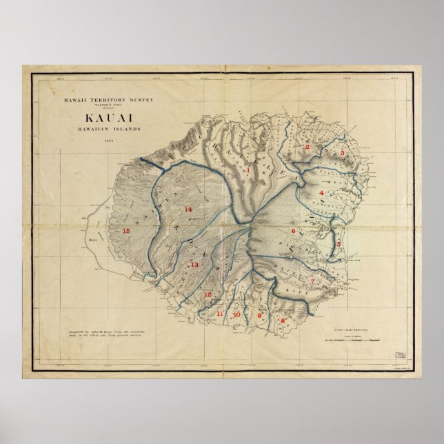 Póster Mapa de Kauai, Ilhas Havaianas, 1903 (Frente)