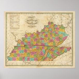 Póster Mapa de Kentucky e de Tennessee