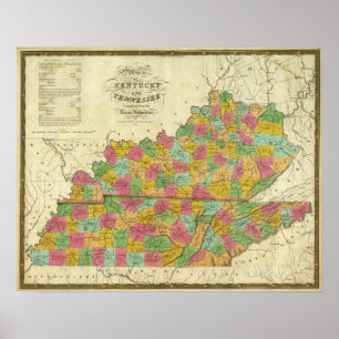 Póster Mapa de Kentucky e de Tennessee