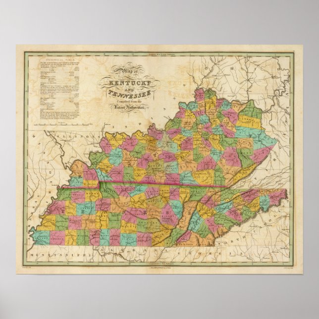 Póster Mapa de Kentucky e Tennessee (Frente)