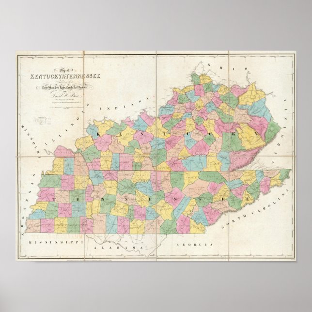 Poster Mapa de Kentucky e Tennessee (Frente)