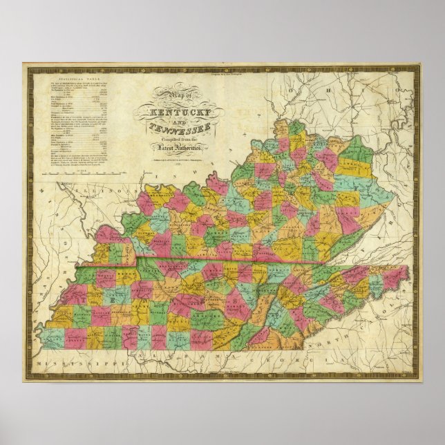 Póster Mapa de Kentucky e Tennessee (Frente)