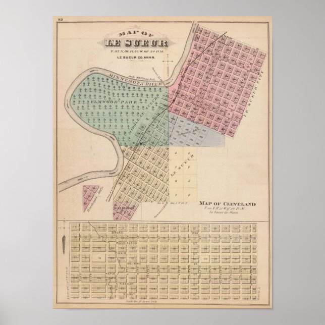 Póster Mapa de Le Sueur, Mapa de Cleveland, Minnesota (Frente)