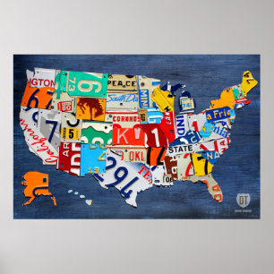 Poster Mapa de Licença dos Estados Unidos em Azul
