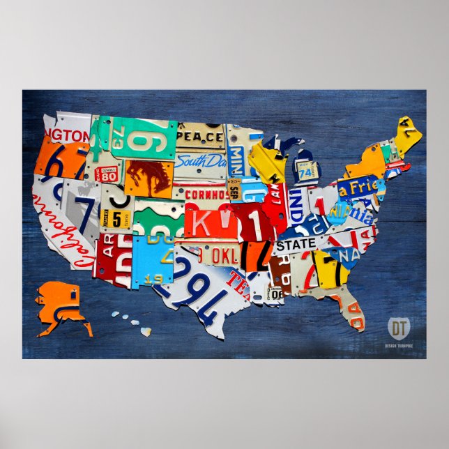 Poster Mapa de Licença dos Estados Unidos em Azul (Frente)
