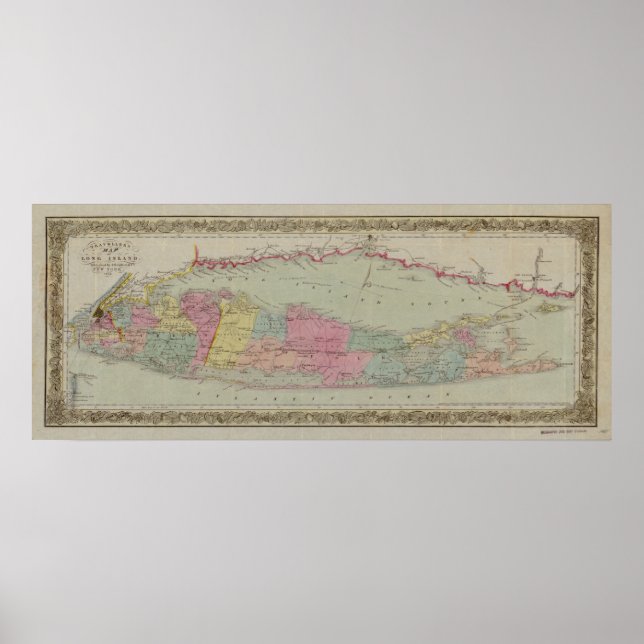 Póster Mapa de Long Island, Nova Iorque, 1857 (Frente)