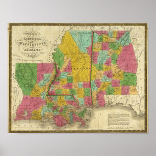Póster Mapa de Louisiana, de Mississippi e de Alabama