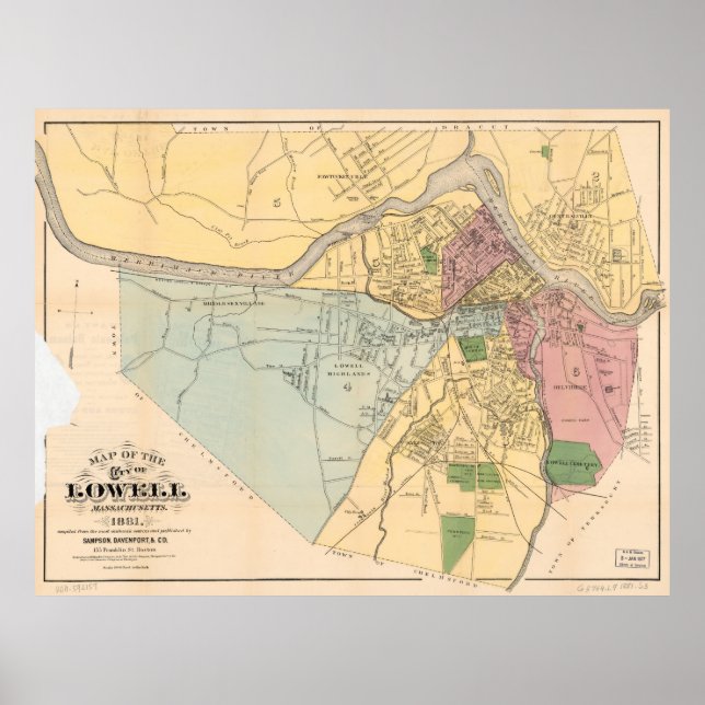 Póster Mapa de Lowell, Massachusetts (1881) (Frente)
