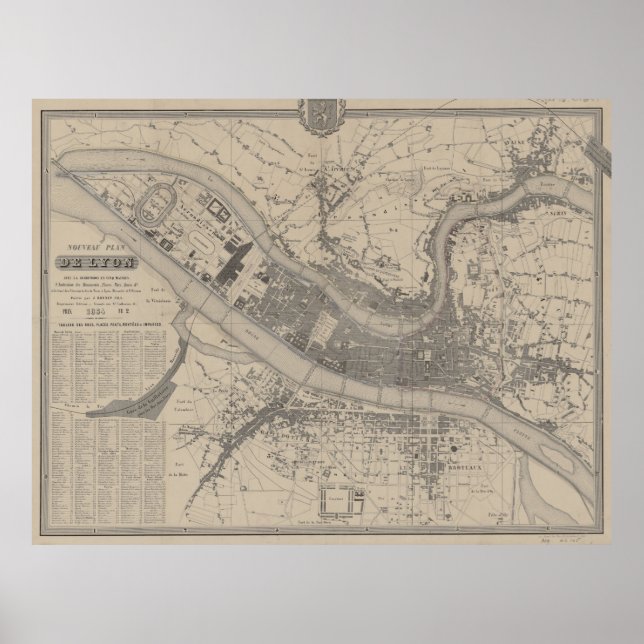 Póster Mapa de Lyon França (1854) (Frente)