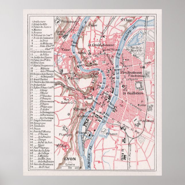 Poster Mapa de Lyon França (1900) (Frente)