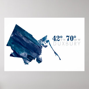 Poster Mapa de MÃES Duxbury da Cor Azul com Coordenadas